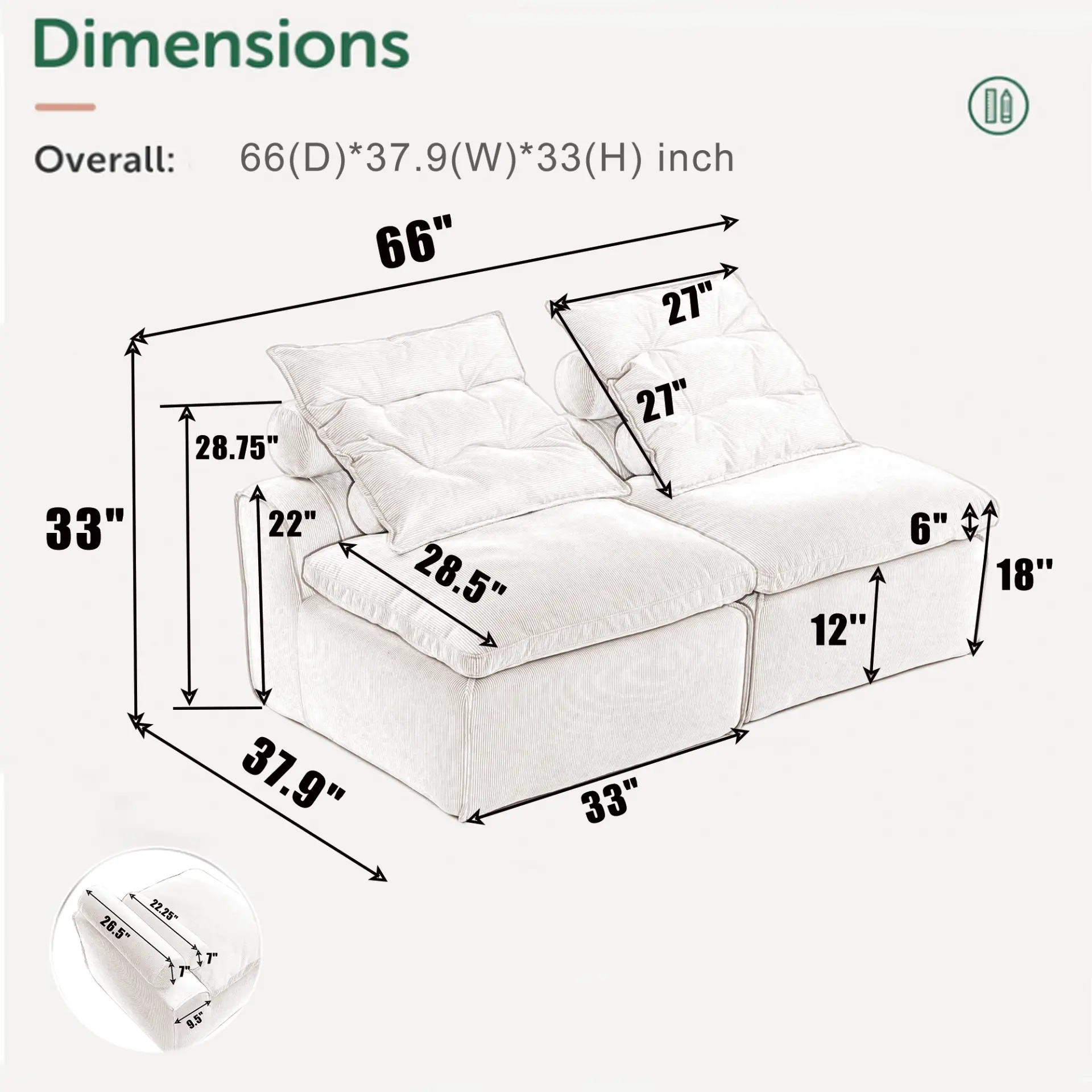 Modular Soft Corduroy DIY Sofa with Neck and Lumbar Pillows for Reading Nook - Image 2