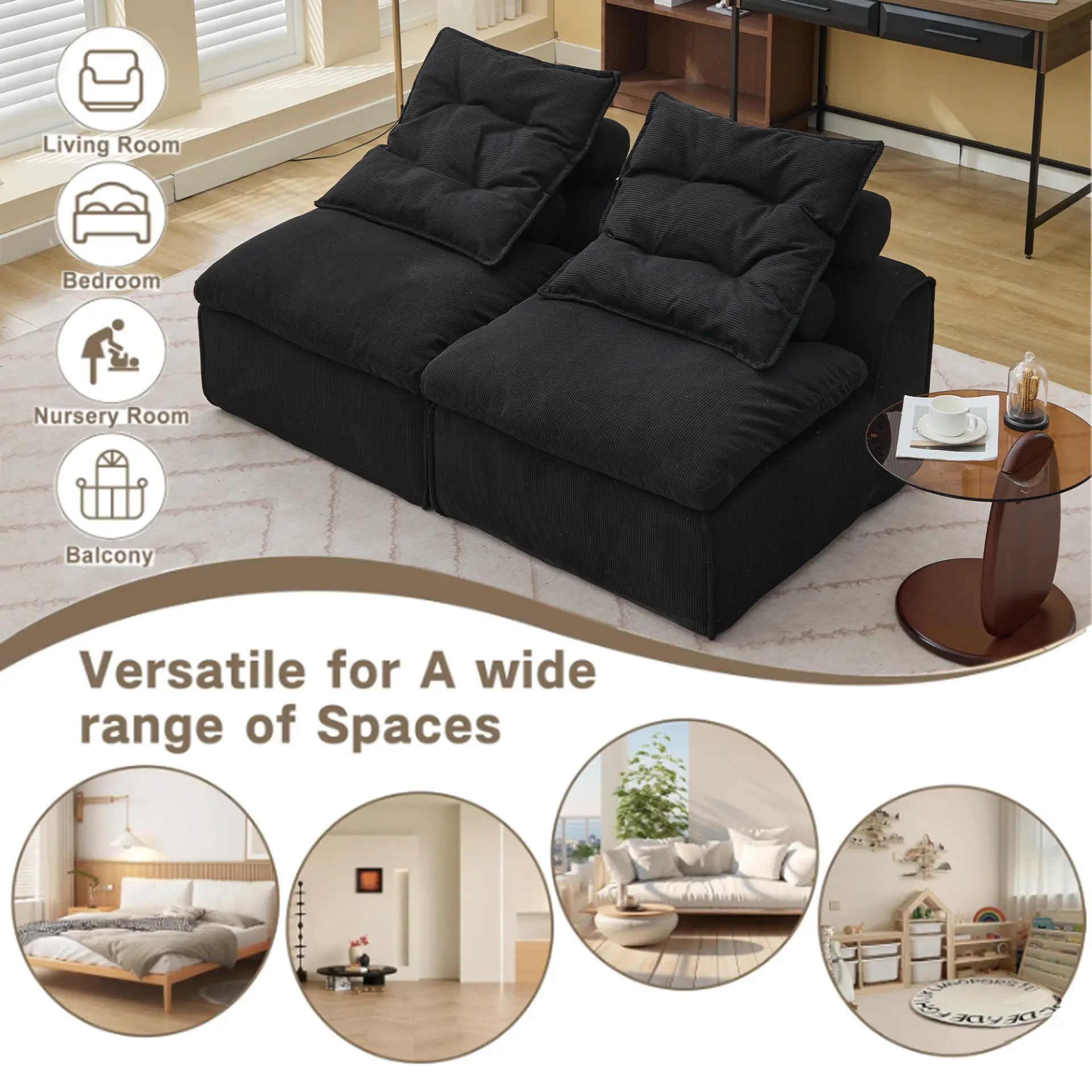 Modular Soft Corduroy DIY Sofa with Neck and Lumbar Pillows for Reading Nook - Image 4