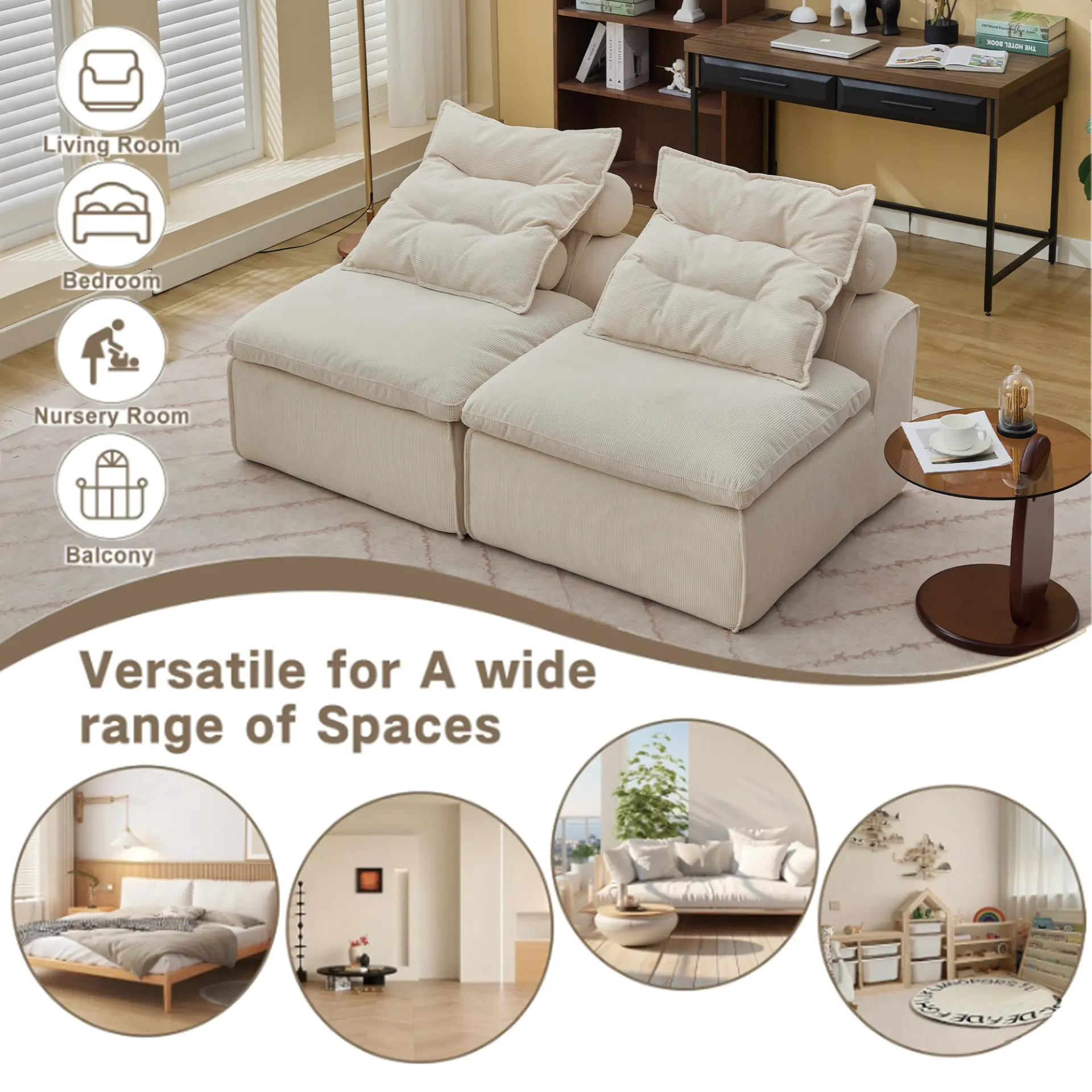 Modular Soft Corduroy DIY Sofa with Neck and Lumbar Pillows for Reading Nook - Image 21