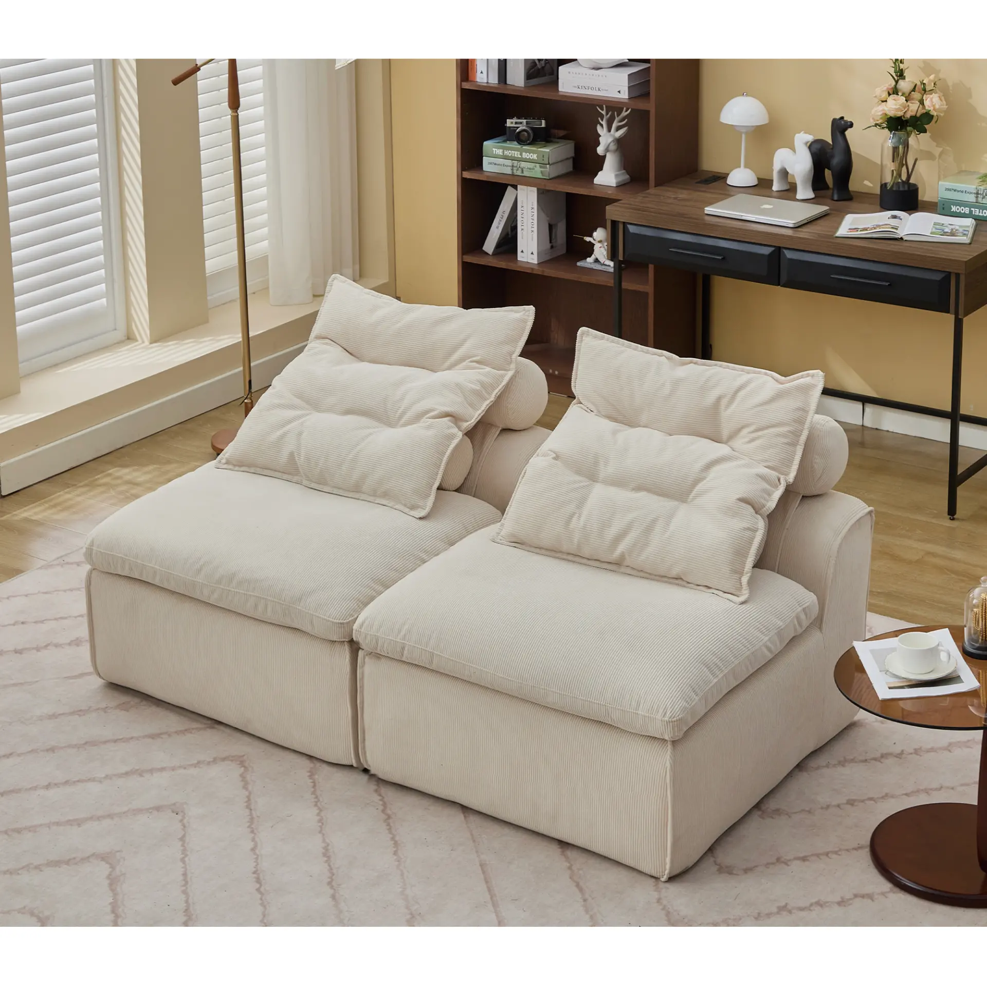 Modular Soft Corduroy DIY Sofa with Neck and Lumbar Pillows for Reading Nook - Image 24