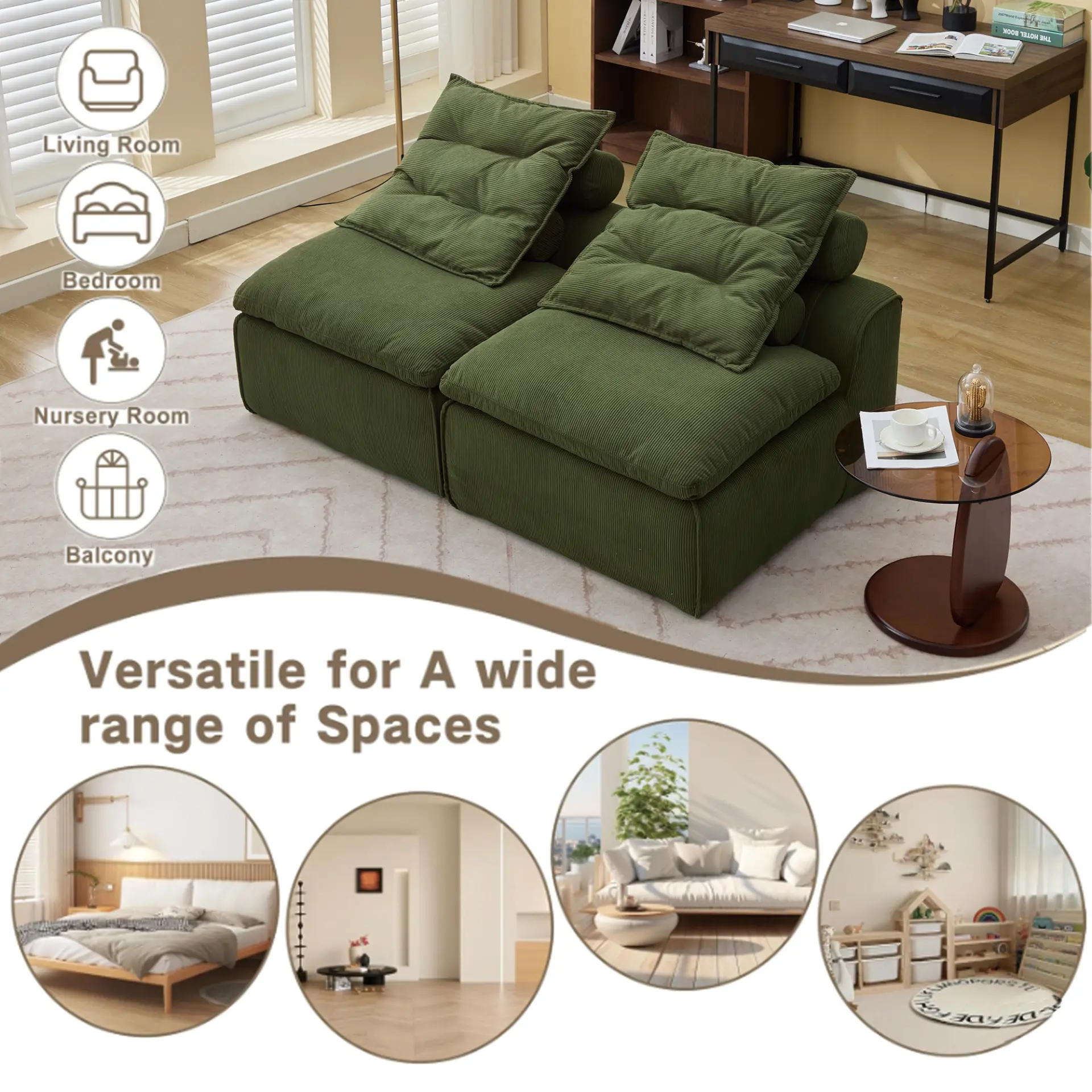 Modular Soft Corduroy DIY Sofa with Neck and Lumbar Pillows for Reading Nook - Image 38