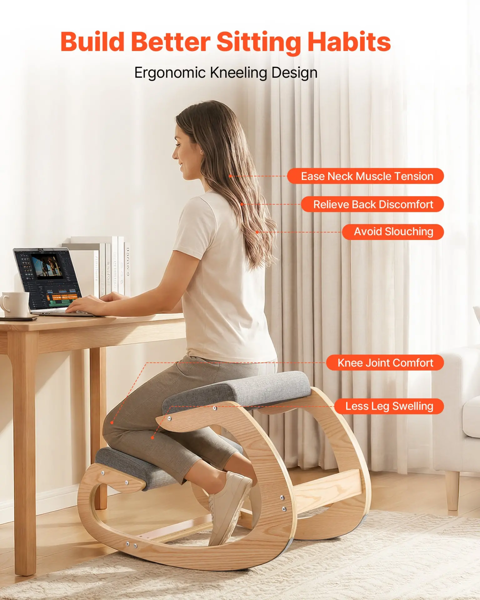 VEVOR Ergonomic Kneeling Chair, Wooden Posture Knee Chair with Thick Foam Cushions and Solid Wood Frame, Adjustable Height,