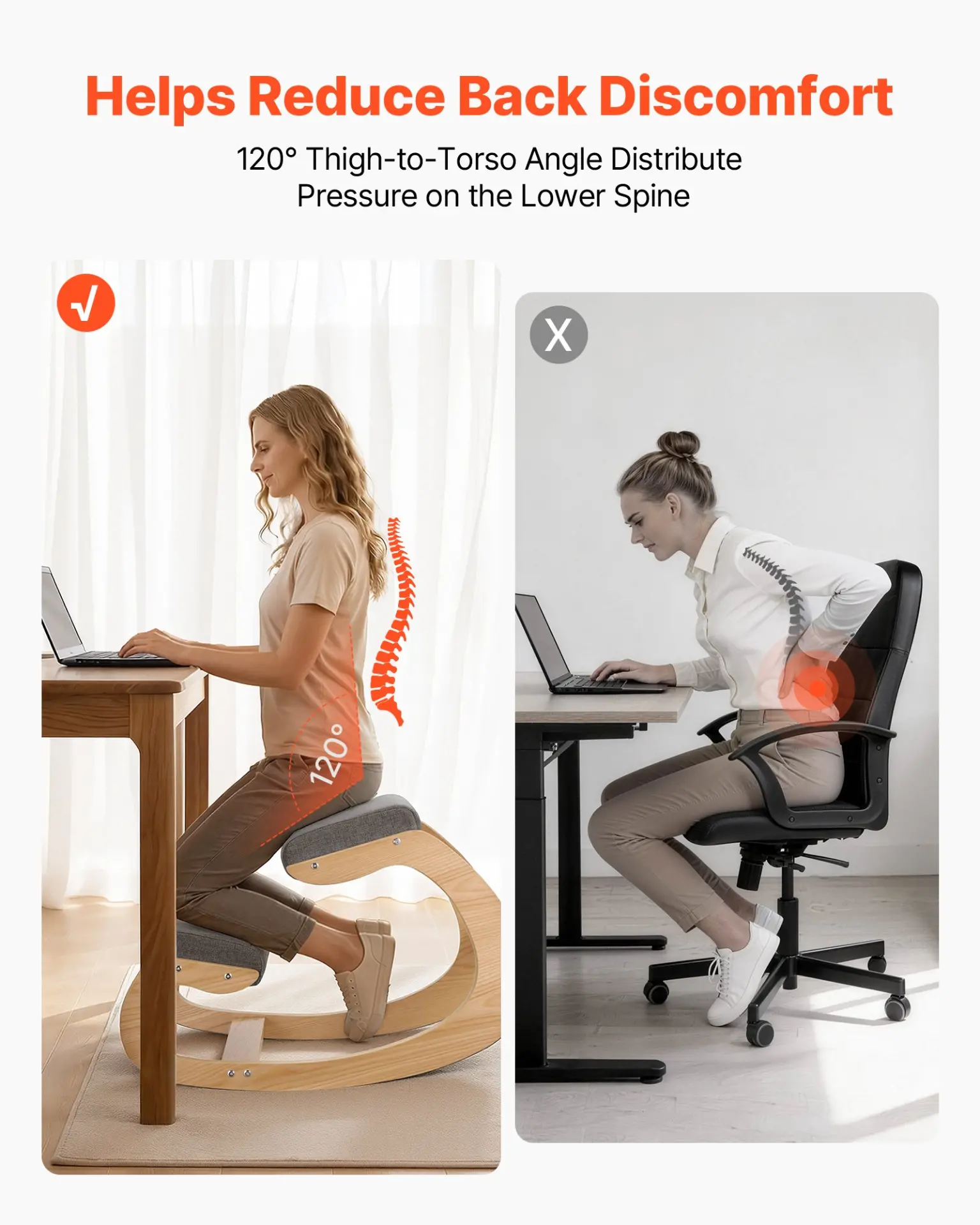 VEVOR Ergonomic Kneeling Chair, Wooden Posture Knee Chair with Thick Foam Cushions and Solid Wood Frame, Adjustable Height, - Image 2