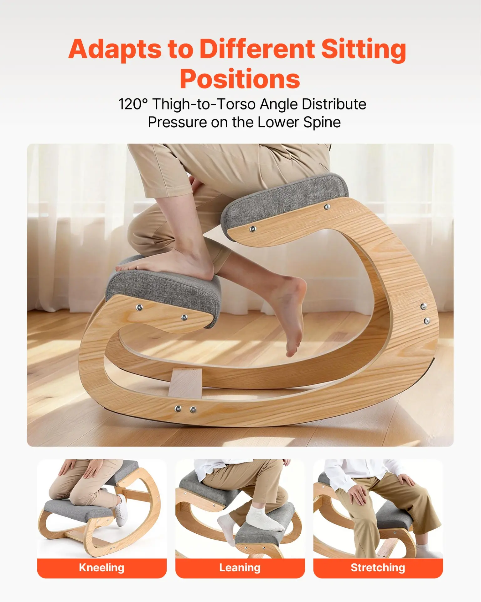 VEVOR Ergonomic Kneeling Chair, Wooden Posture Knee Chair with Thick Foam Cushions and Solid Wood Frame, Adjustable Height, - Image 3