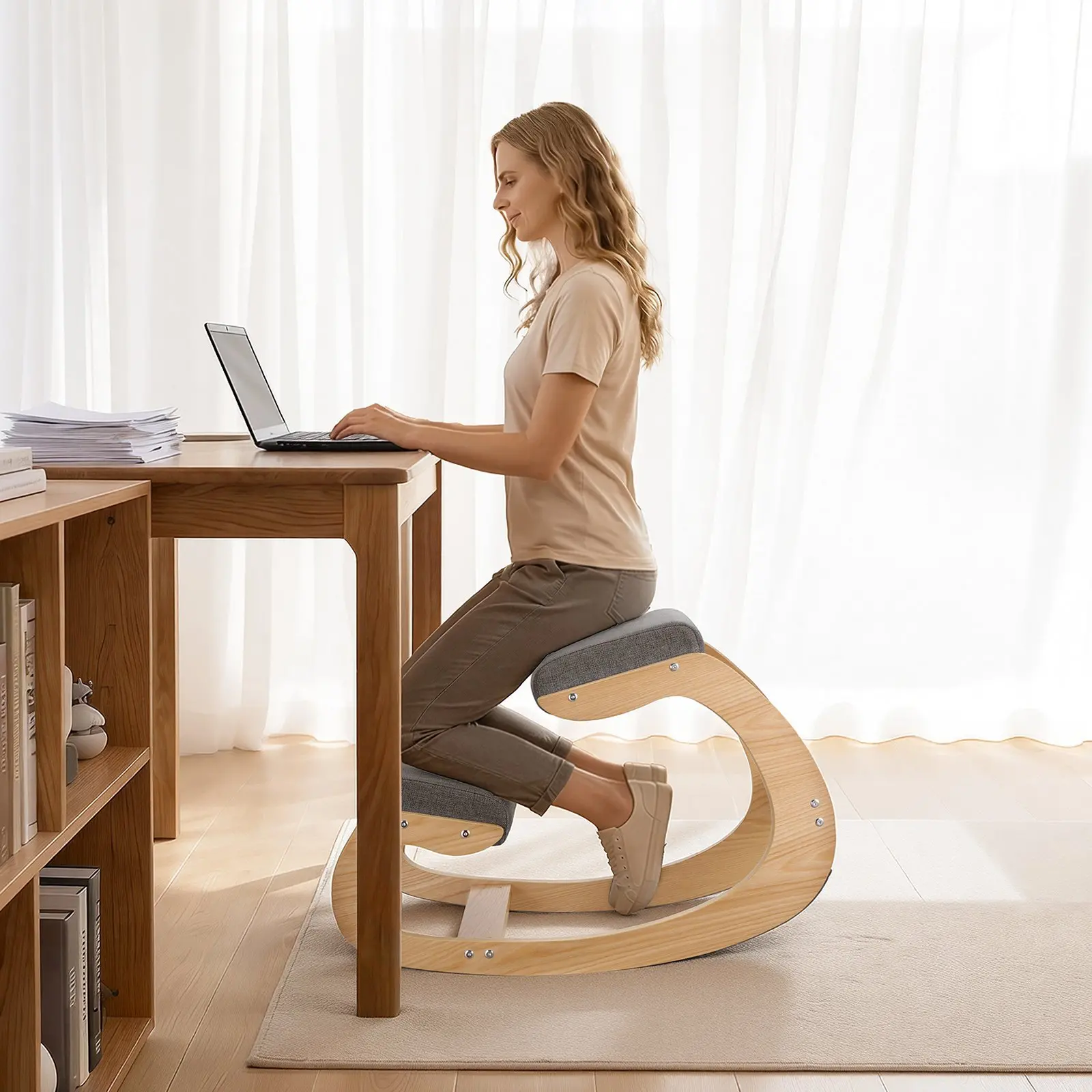 VEVOR Ergonomic Kneeling Chair, Wooden Posture Knee Chair with Thick Foam Cushions and Solid Wood Frame, Adjustable Height, - Image 7