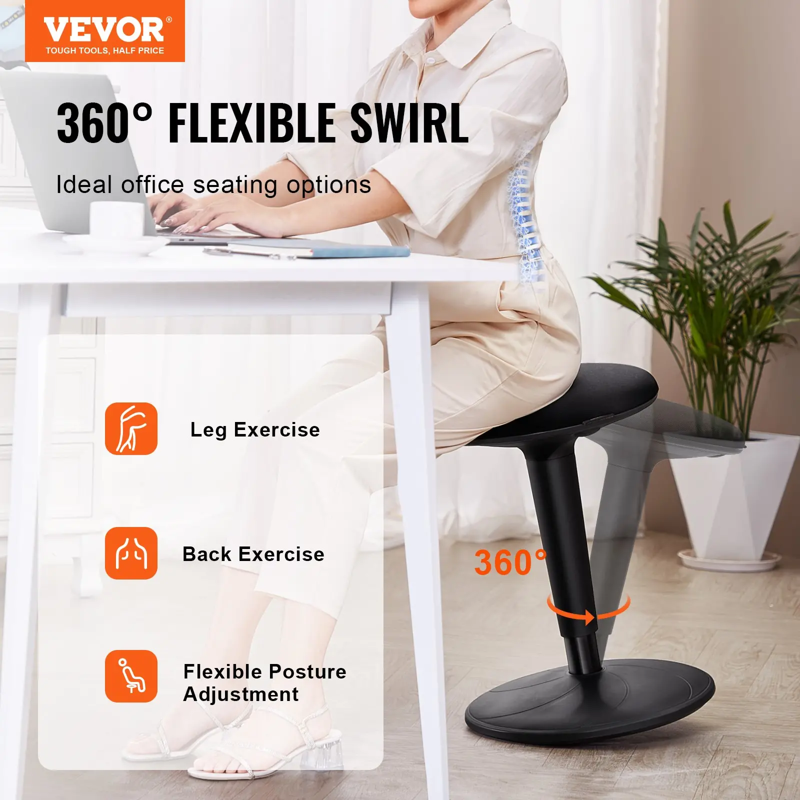 VEVOR Adjustable Wobble Chair (21.7–28.3”) Active Ergonomic Stool – 8° Tilt Motion for Focus, Posture & Movement (Ages 12–18, Black)