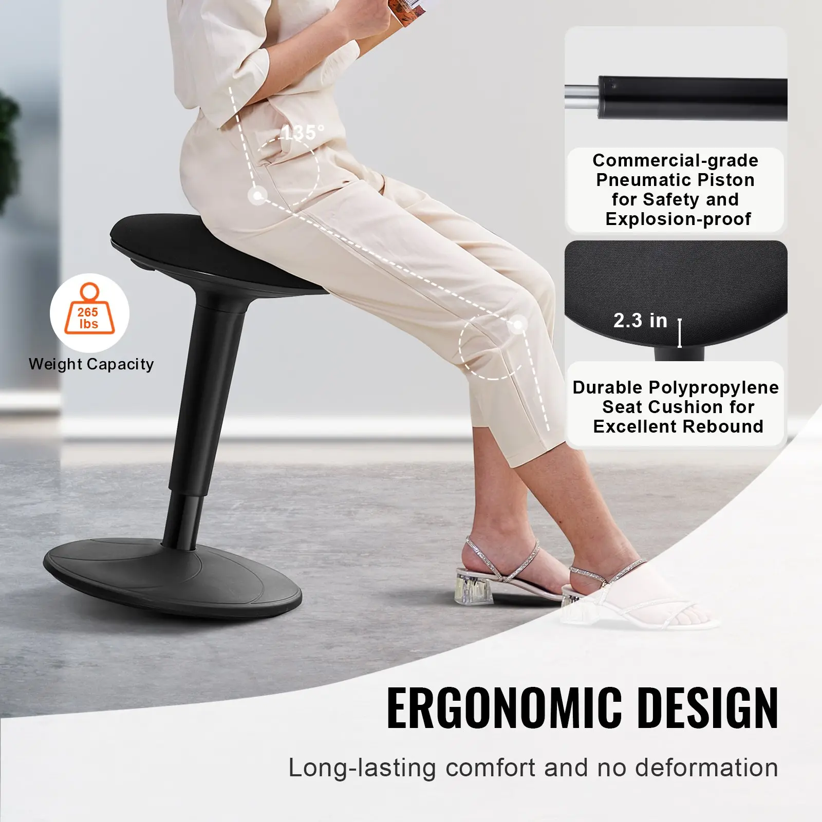 VEVOR Adjustable Wobble Chair (21.7–28.3”) Active Ergonomic Stool – 8° Tilt Motion for Focus, Posture & Movement (Ages 12–18, Black) - Image 2