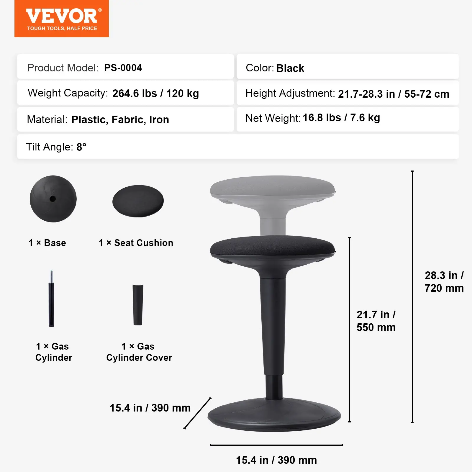 VEVOR Adjustable Wobble Chair (21.7–28.3”) Active Ergonomic Stool – 8° Tilt Motion for Focus, Posture & Movement (Ages 12–18, Black) - Image 6