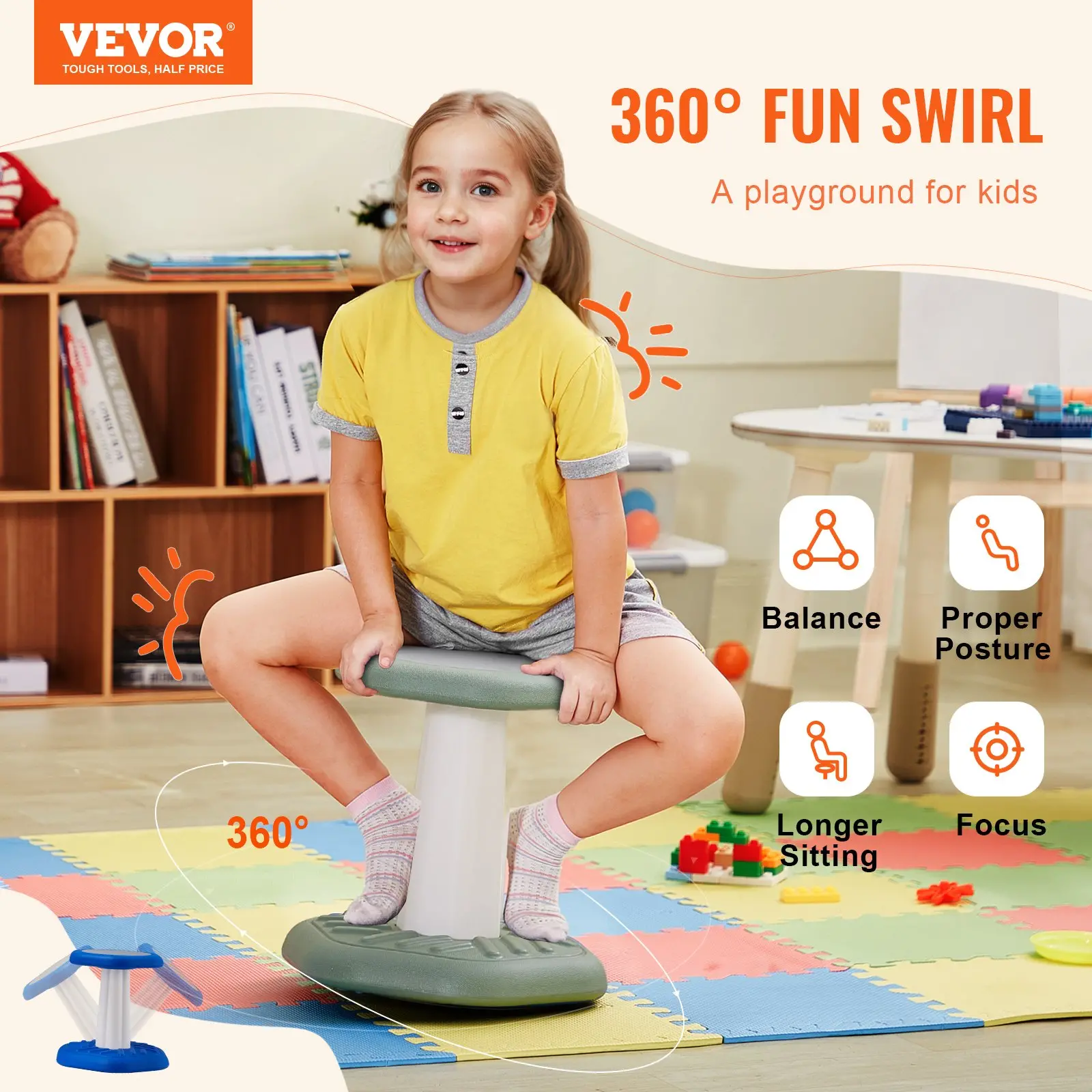 VEVOR Kids Wobble Chair Active Sensory Stool – Ergonomic Movement Chair for Focus, Posture & Calm (Ages 3–7, Green)
