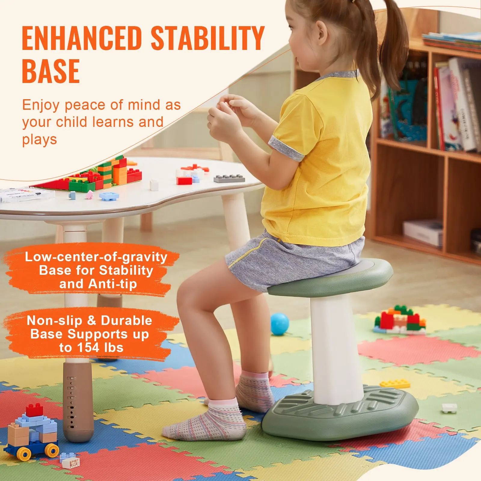 VEVOR Kids Wobble Chair Active Sensory Stool – Ergonomic Movement Chair for Focus, Posture & Calm (Ages 3–7, Green) - Image 2