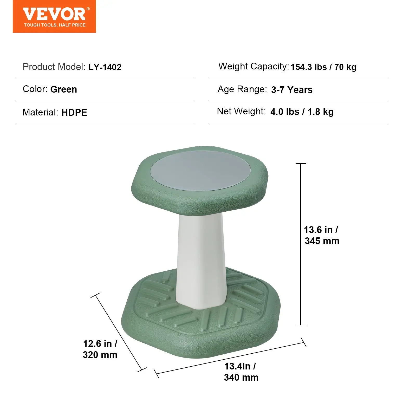 VEVOR Kids Wobble Chair Active Sensory Stool – Ergonomic Movement Chair for Focus, Posture & Calm (Ages 3–7, Green) - Image 6
